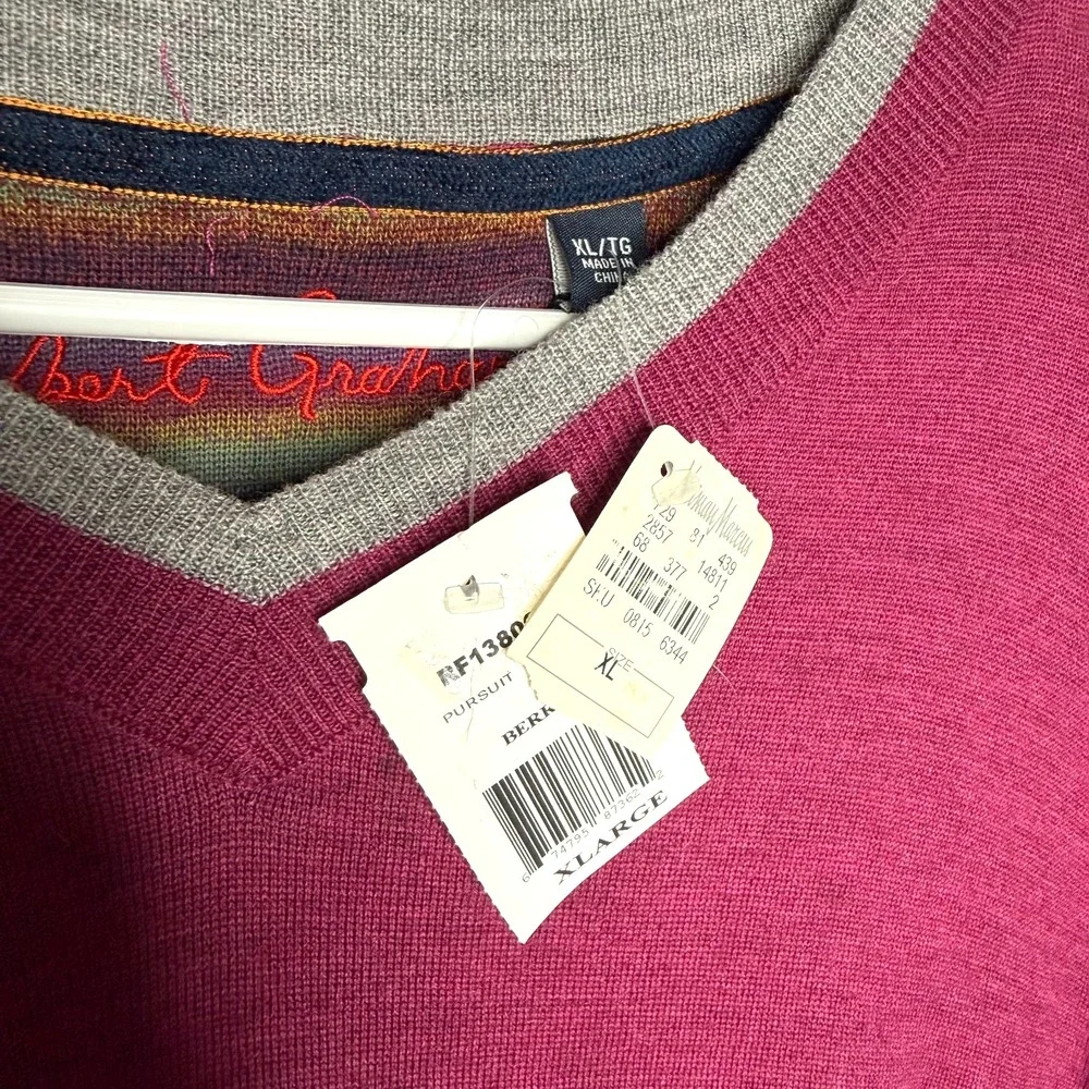 ROBERT GRAHAM‎ PURSUIT Sweater Men's XL Berry 100% WOOL V-Neck